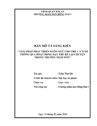 Mô tả sáng kiến Giải pháp phát triển ngôn ngữ cho trẻ 4-5 tuổi thông qua hoạt động dạy trẻ kể lại chuyện trong Trường Mầm non