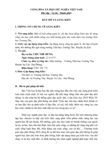 Mô tả sáng kiến Một số biện pháp quản lý, chỉ đạo hoạt động Giáo dục kỹ năng sống cho học sinh nhằm nâng cao chất lượng giáo dục toàn diện của trường Tiểu học Trường Thọ