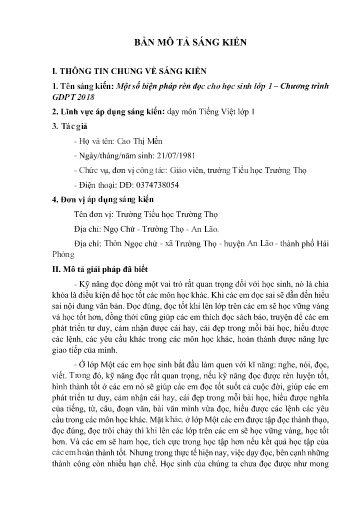 Mô tả sáng kiến Một số biện pháp rèn đọc cho học sinh Lớp 1 - Chương trình GDPT 2018