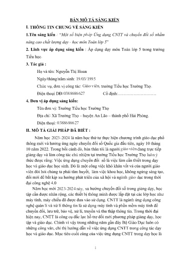 Mô tả sáng kiến Một số biện pháp Ứng dụng CNTT và chuyển đổi số nhằm nâng cao chất lượng dạy - Học môn Toán Lớp 5