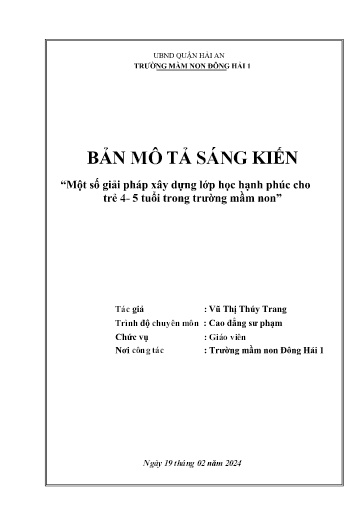 Mô tả sáng kiến Một số giải pháp xây dựng lớp học hạnh phúc cho trẻ 4-5 tuổi trong Trường mầm non