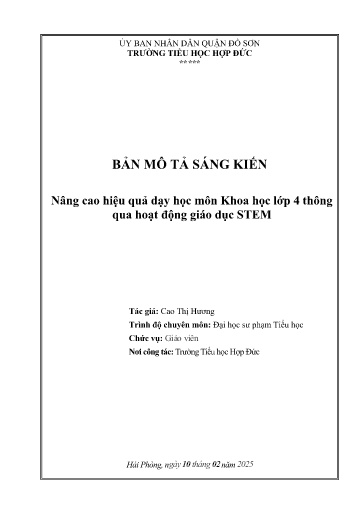 Mô tả sáng kiến Nâng cao hiệu quả dạy học môn Khoa học lớp 4 thông qua hoạt động giáo dục Stem