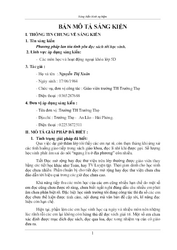 Mô tả sáng kiến Phương pháp lan tỏa tình yêu đọc sách tới học sinh