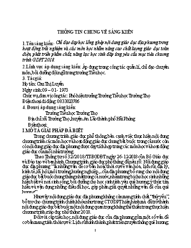 Sáng kiến kinh nghiệm Chỉ đạo dạy học lồng ghép nội dung giáo dục địa phương trong hoạt động trải nghiệm và các môn học nhằm nâng cao chất lượng giáo dục toàn diện, phát triển phẩm chất, năng lực học sinh đáp ứng yêu cầu mục tiêu chương trình GDPT 2018
