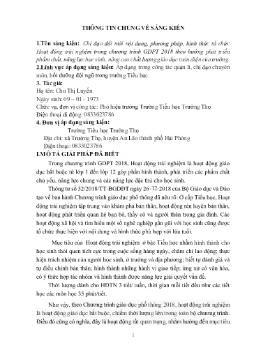 Sáng kiến kinh nghiệm Chỉ đạo đổi mới nội dung, phương pháp, hình thức tổ chức Hoạt động trải nghệm trong chương trình GDPT 2018 theo hướng phát triển phẩm chất, năng lực học sinh, nâng cao chất lượng giáo dục toàn diện của trường