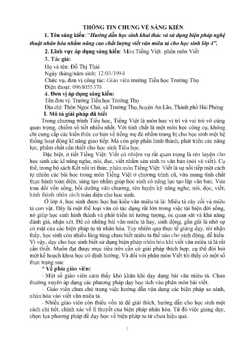 Sáng kiến kinh nghiệm Hướng dẫn học sinh khai thác và sử dụng biện pháp nghệ thuật nhân hóa nhằm nâng cao chất lượng viết văn miêu tả cho học sinh Lớp 4