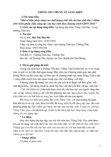 Sáng kiến kinh nghiệm Một số biện pháp nâng cao chất lượng chữ viết cho học sinh Lớp 1 nhằm phát triển phẩm chất, năng lực của học sinh theo chương trình GDPT 2018