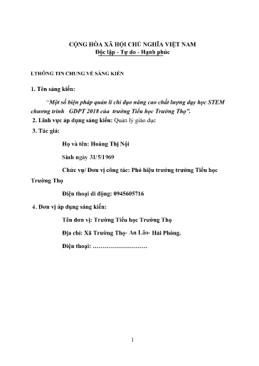 Sáng kiến kinh nghiệm Một số biện pháp quản lí chỉ đạo nâng cao chất lượng dạy học STEM chương trình GDPT 2018 của trường Tiểu học Trường Thọ