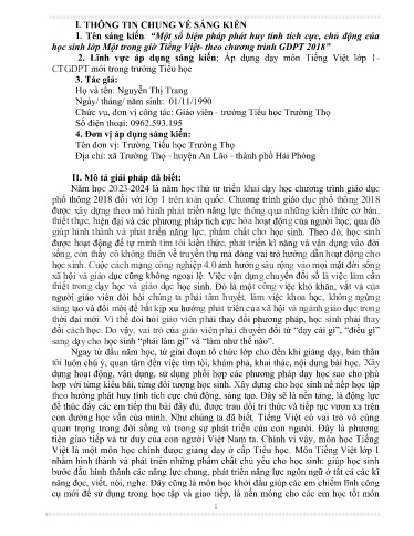 SKKN Một số biện pháp phát huy tính tích cực, chủ động của học sinh Lớp Một trong giờ Tiếng Việt - Theo chương trình GDPT 2018
